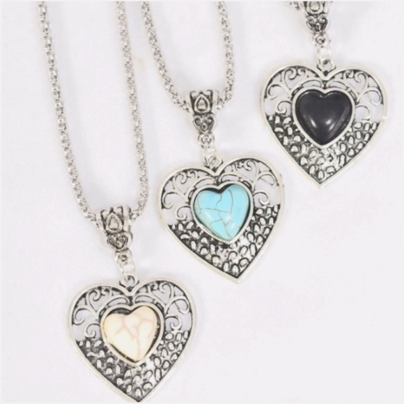 Turquoise Blue Heart Necklace H 1.75 xW 1.5 Silver 18-22"chain lobster clasp NEW - Picture 3 of 6